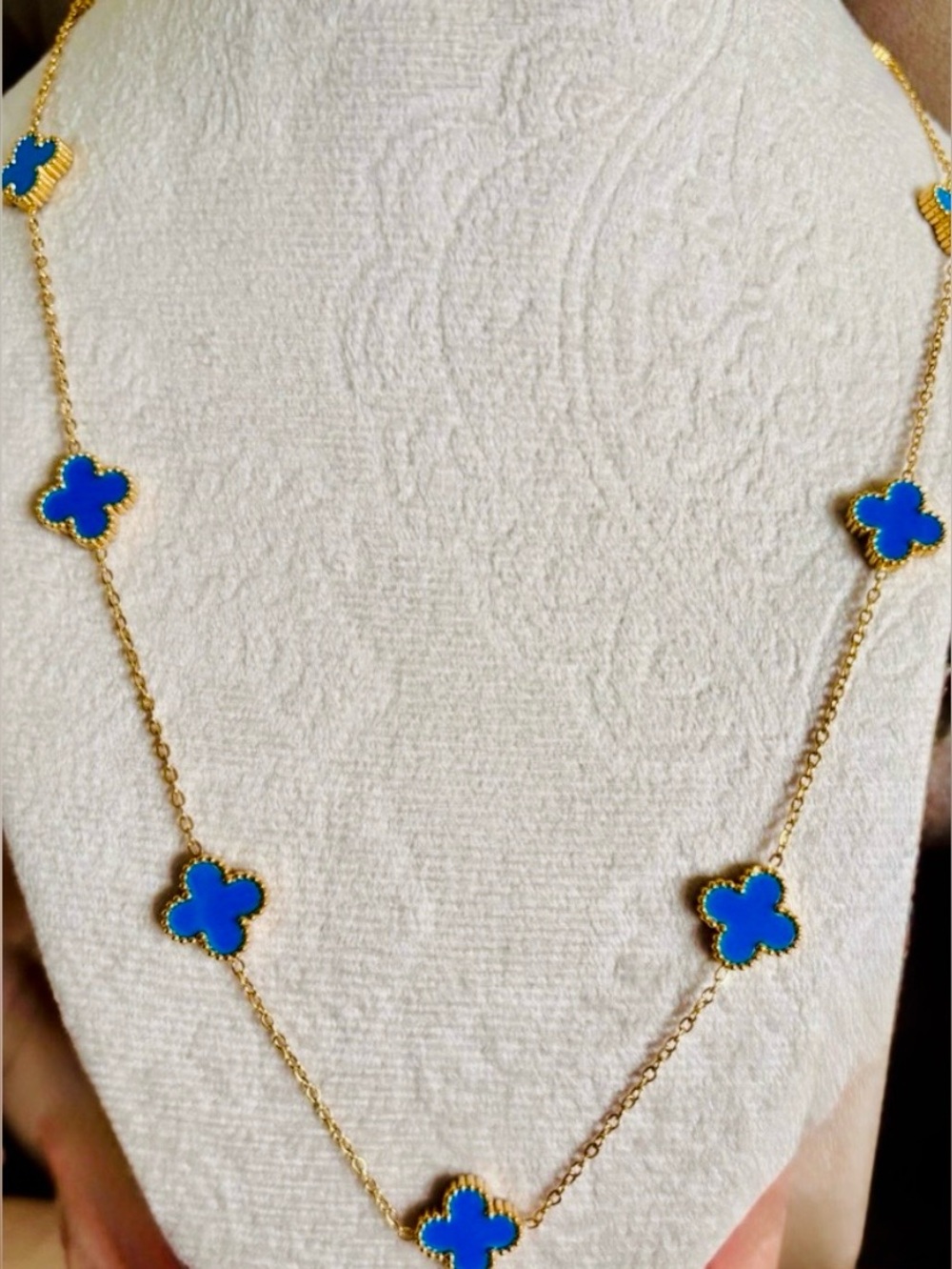 Beautiful Gold Plated Stainless Steel Necklace with Blue Flowers, NEW!
